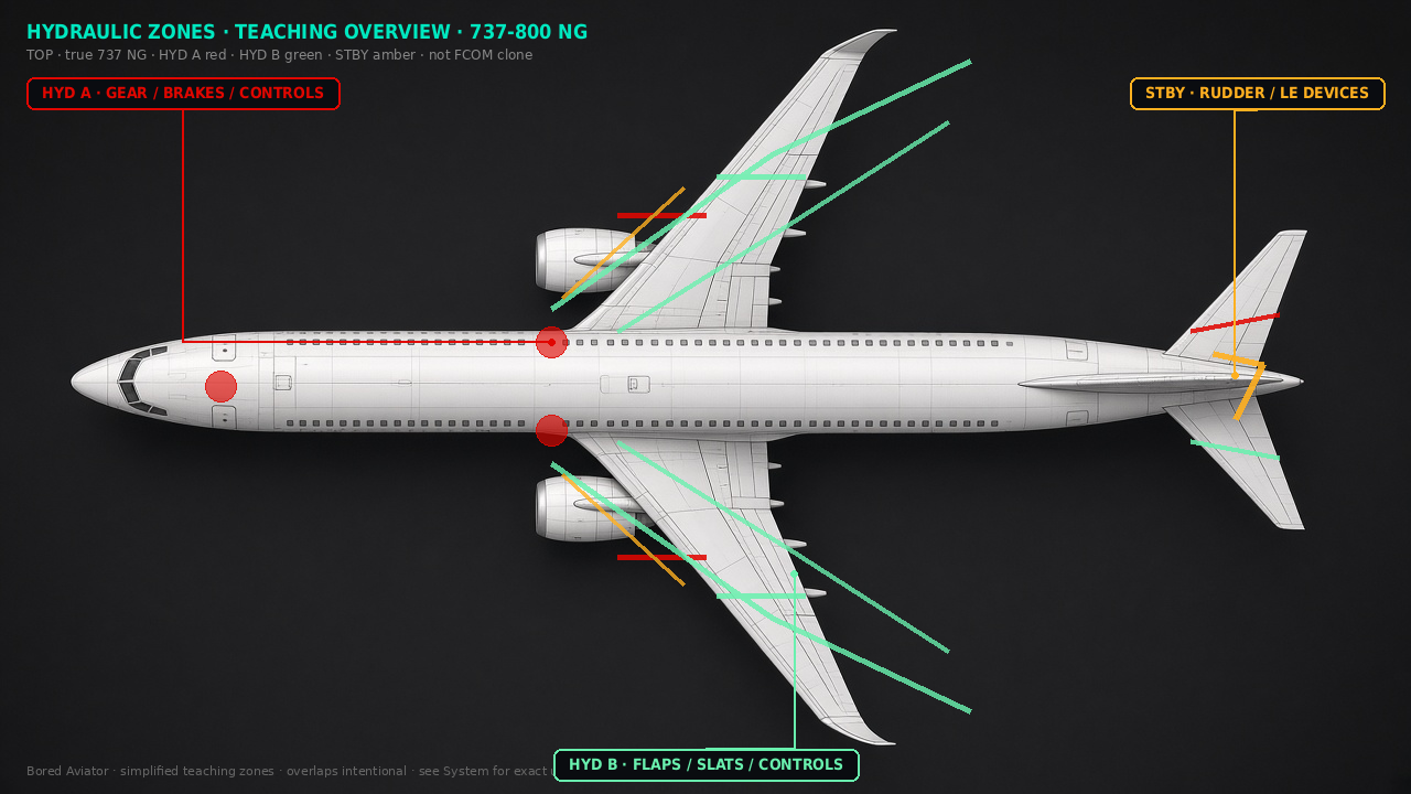 737-800 NG hydraulic A B standby teaching zones planform