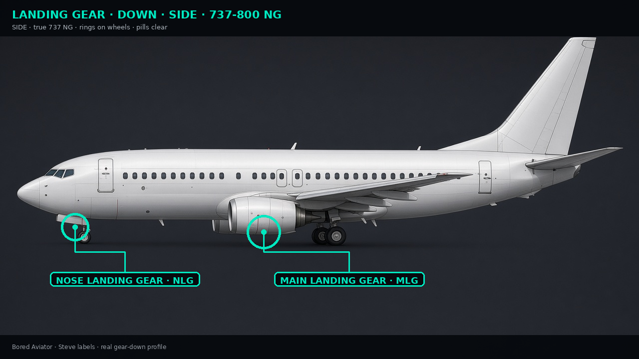 737-800 NG nose and main landing gear down side view