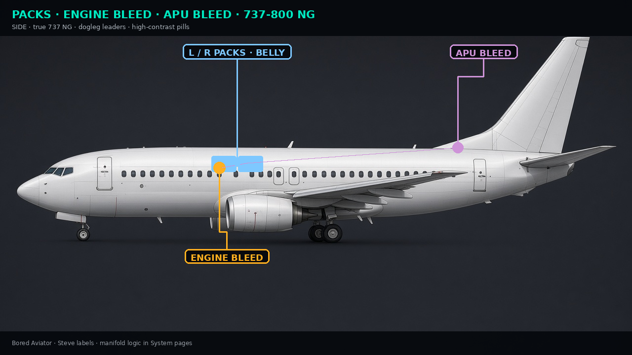 737-800 NG packs engine bleed and APU bleed side view